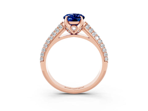 Rose gold Oval Cut Blue Sapphire Solitaire Ring with Three-Row Pavé Band and Four-Prong Setting_15