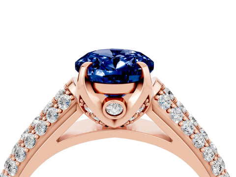 Rose gold Oval Cut Blue Sapphire Solitaire Ring with Three-Row Pavé Band and Four-Prong Setting_16