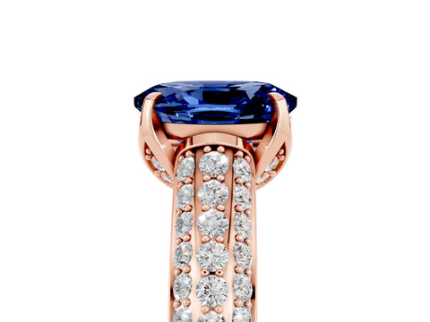 Rose gold Oval Cut Blue Sapphire Solitaire Ring with Three-Row Pavé Band and Four-Prong Setting_17