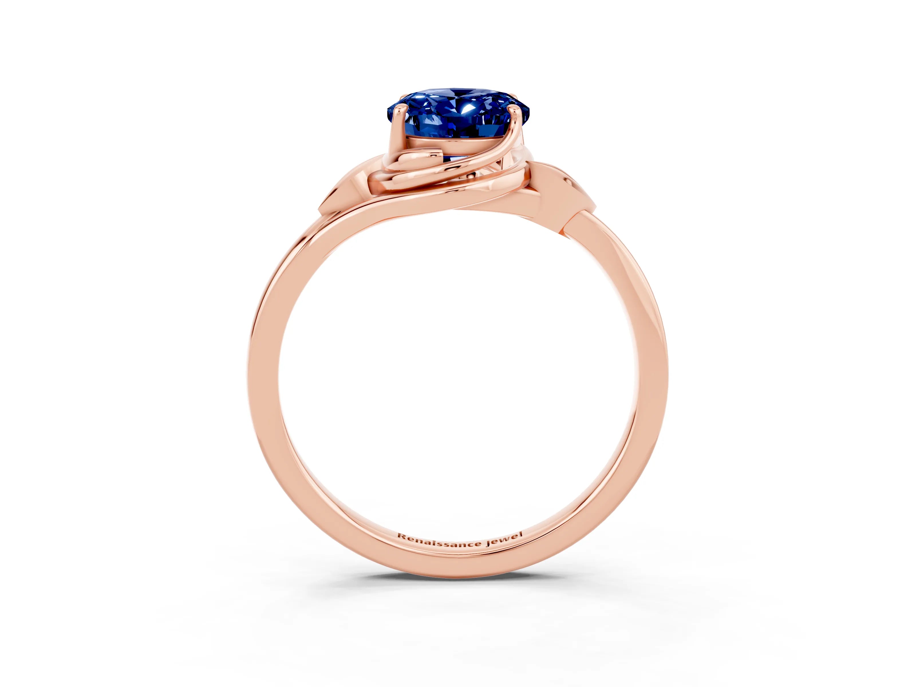 Rose gold Oval Cut Blue Sapphire Solitaire Ring with Twist Band and Four-Prong Setting_27
