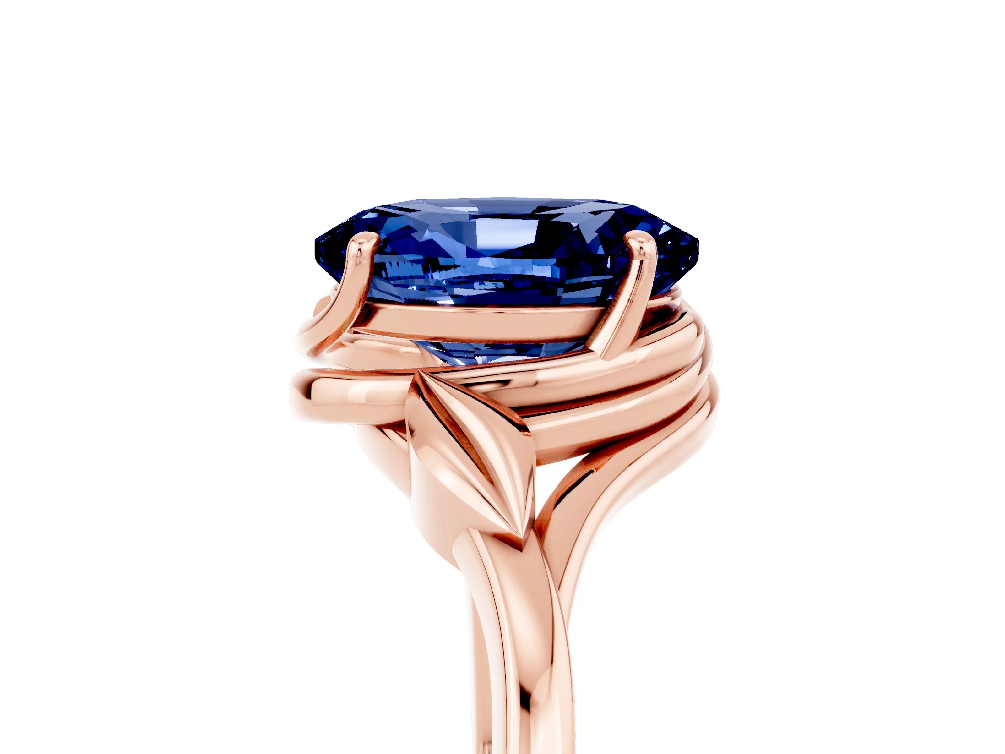 Rose gold Oval Cut Blue Sapphire Solitaire Ring with Twist Band and Four-Prong Setting_29