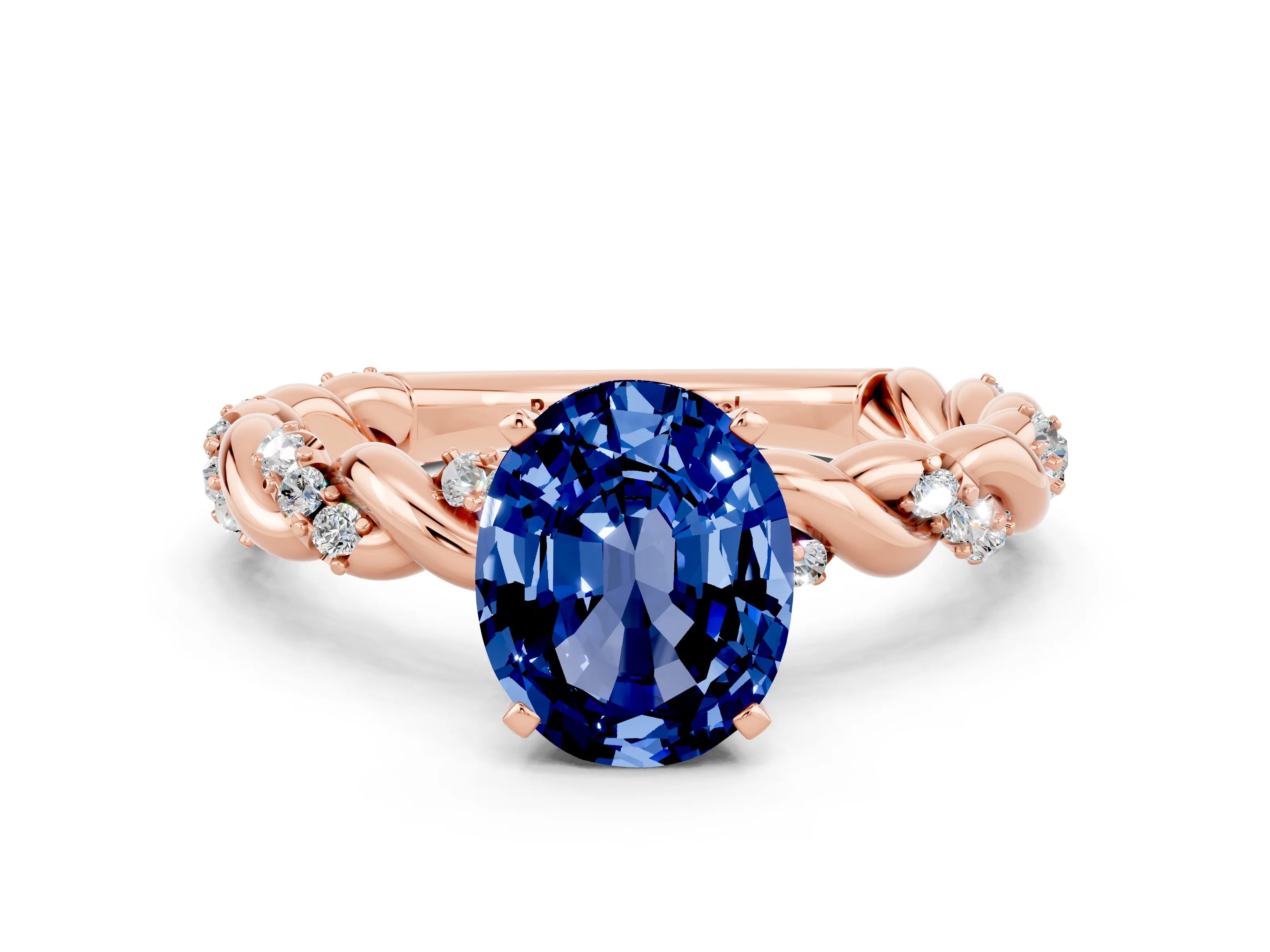 Rose gold Oval Cut Blue Sapphire Solitaire Ring with Twisted Band and Pavé Accents