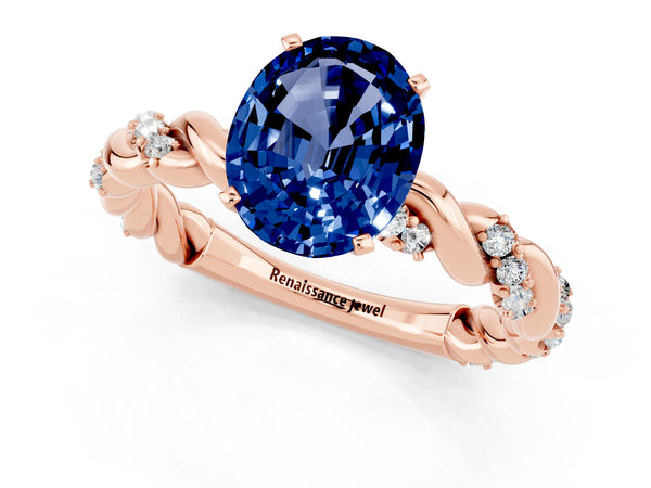 Rose gold Oval Cut Blue Sapphire Solitaire Ring with Twisted Band and Pavé Accents