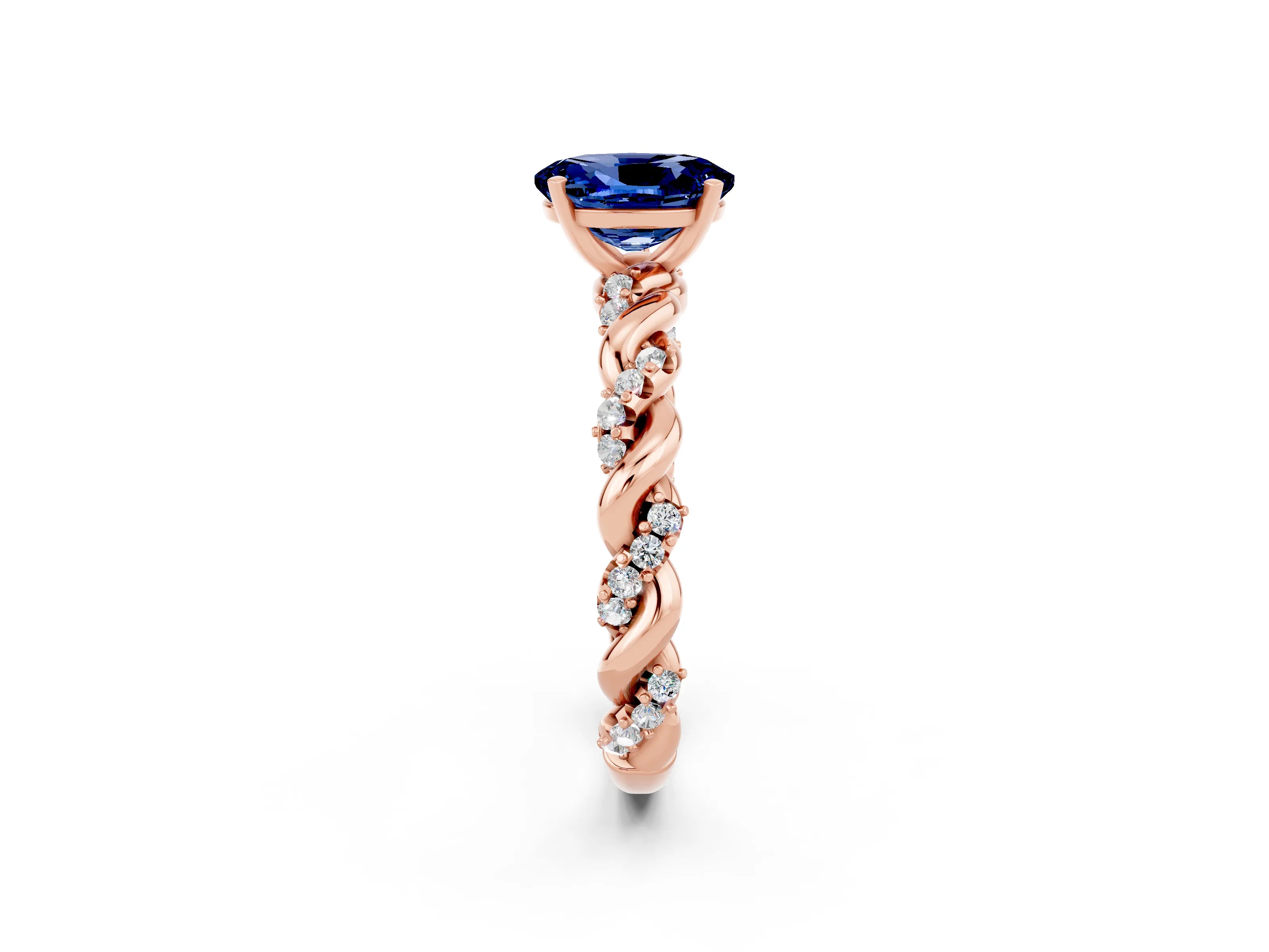 Rose gold Oval Cut Blue Sapphire Solitaire Ring with Twisted Band and Pavé Accents_2