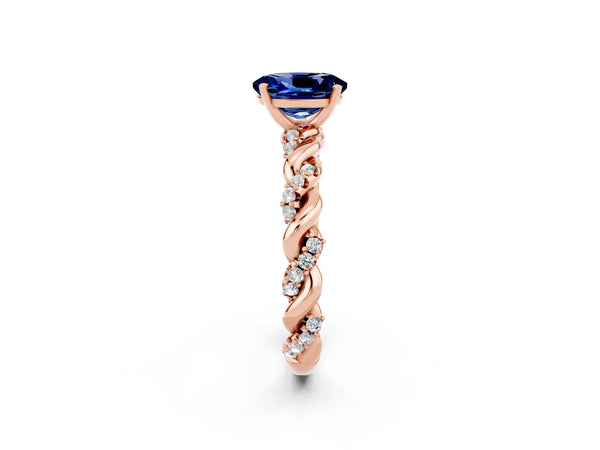 Rose gold Oval Cut Blue Sapphire Solitaire Ring with Twisted Band and Pavé Accents