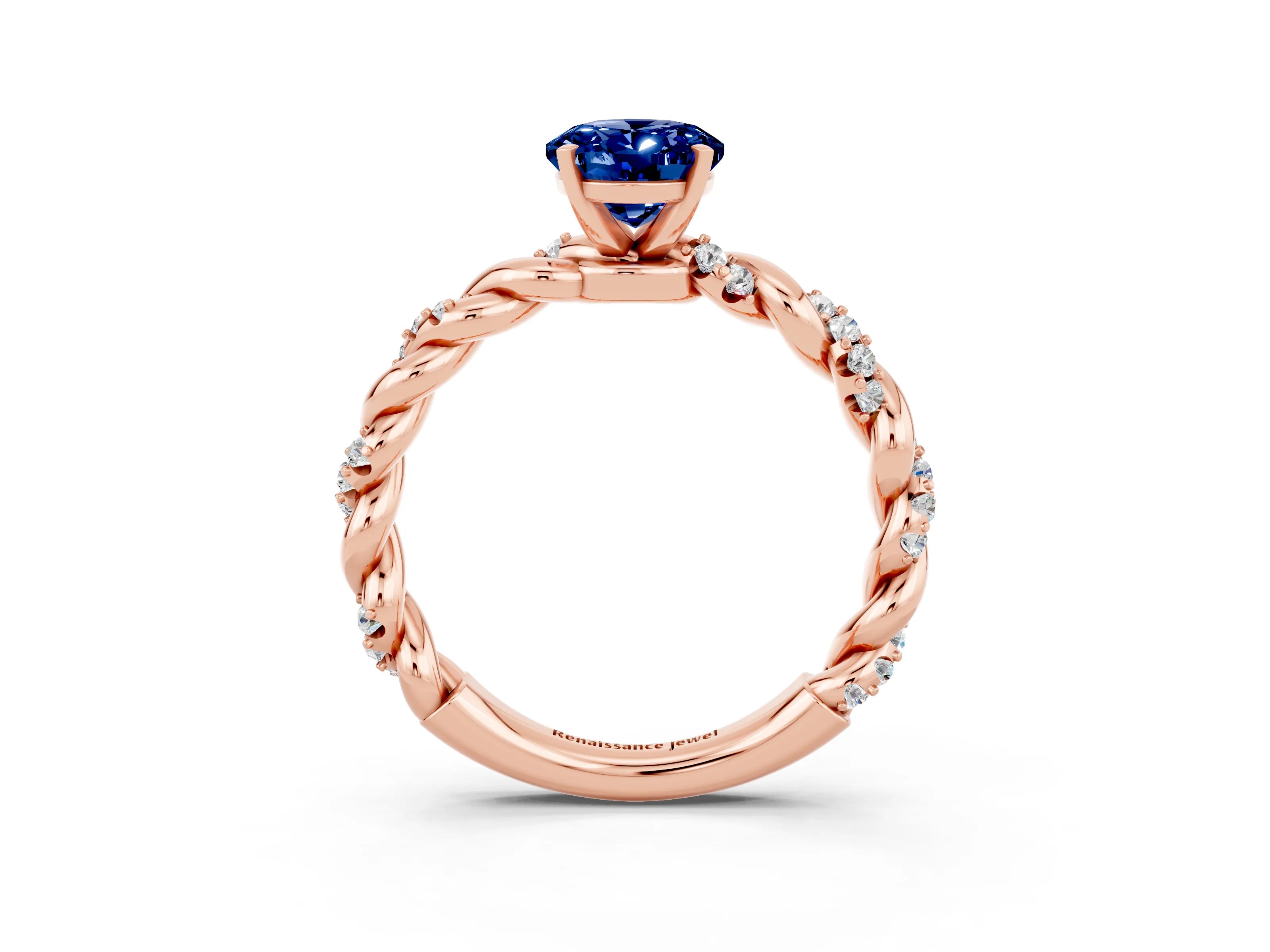 Rose gold Oval Cut Blue Sapphire Solitaire Ring with Twisted Band and Pavé Accents_3