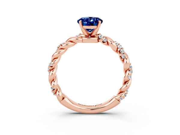 Rose gold Oval Cut Blue Sapphire Solitaire Ring with Twisted Band and Pavé Accents