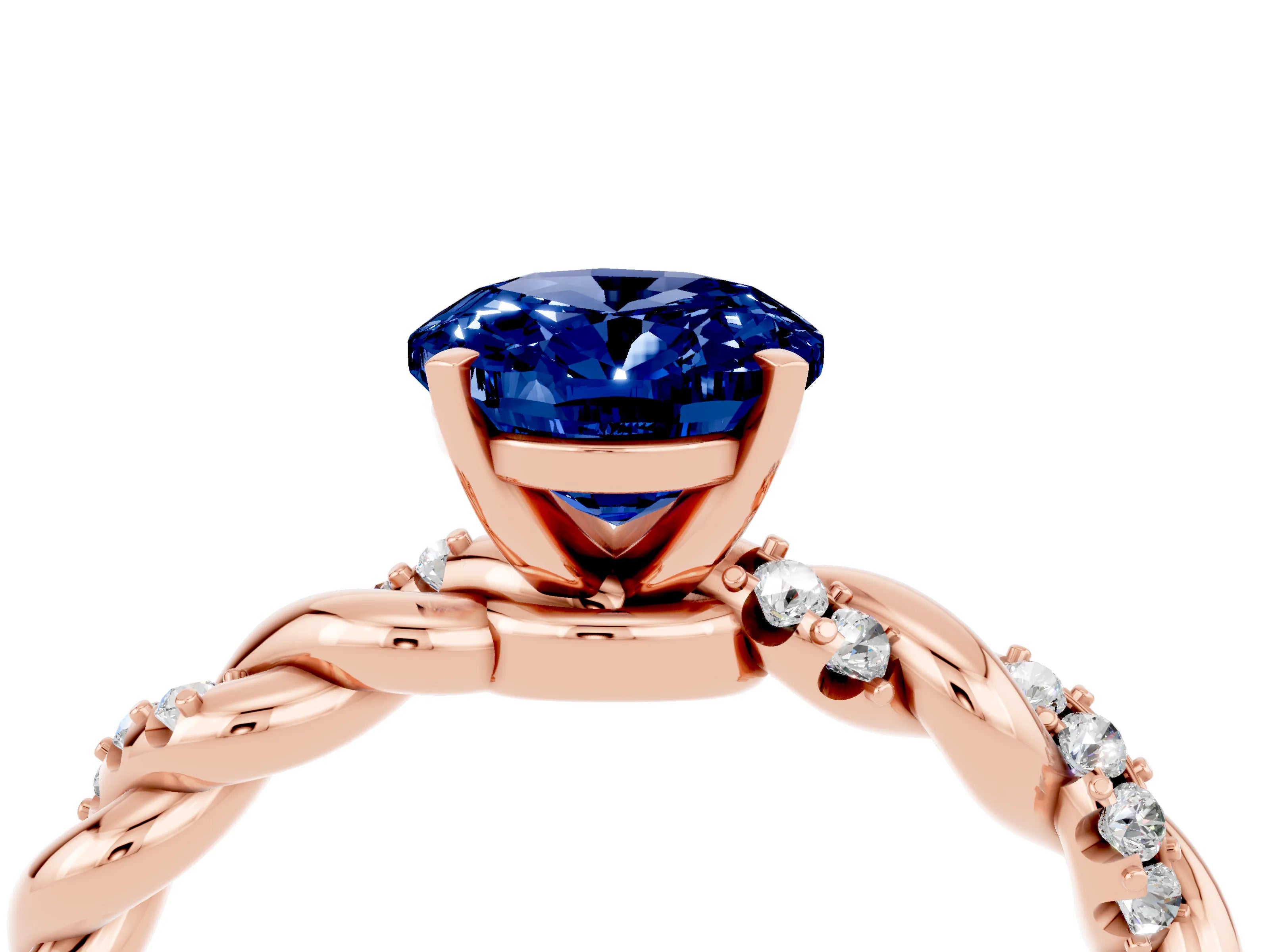 Rose gold Oval Cut Blue Sapphire Solitaire Ring with Twisted Band and Pavé Accents_4