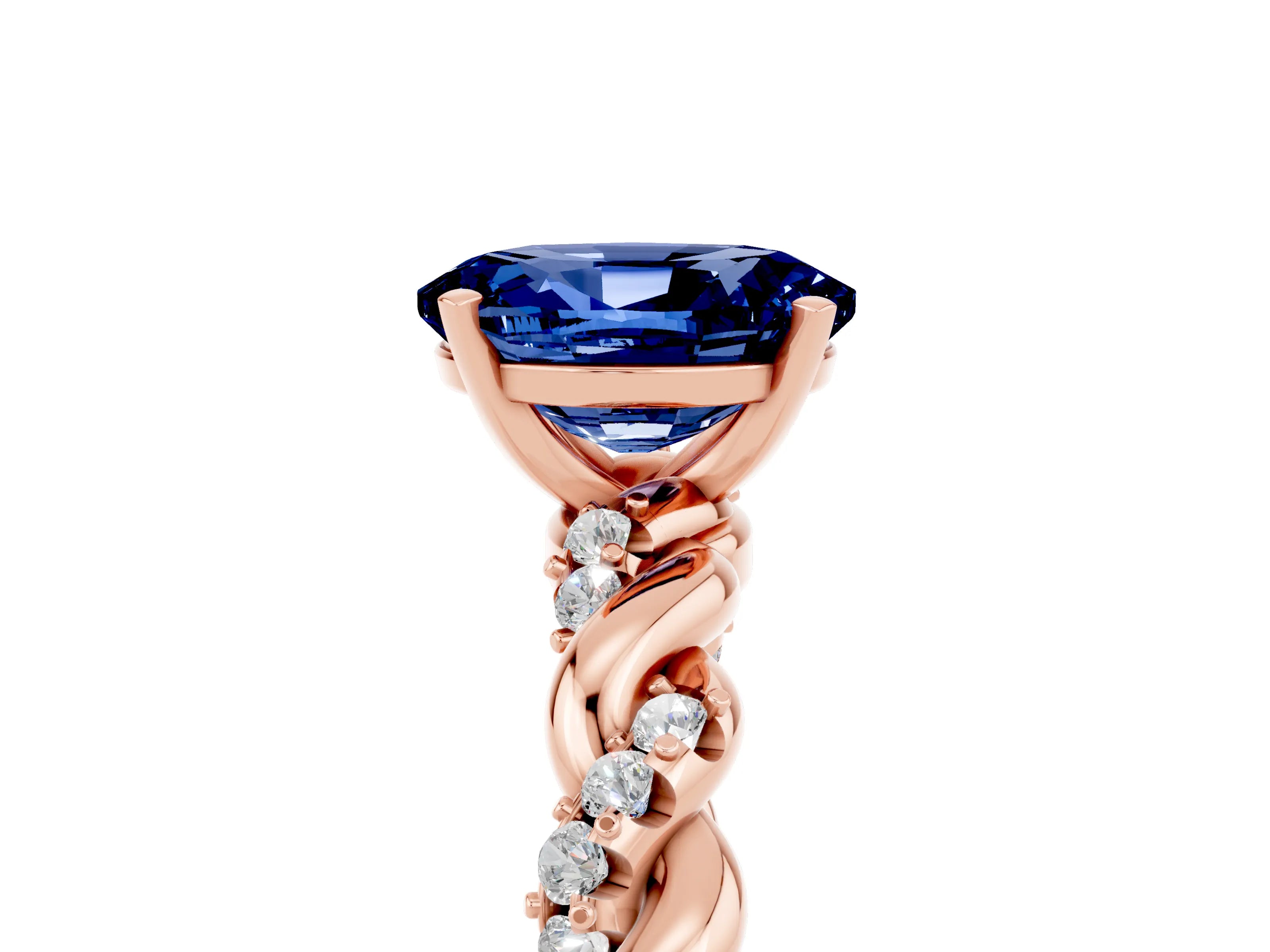 Rose gold Oval Cut Blue Sapphire Solitaire Ring with Twisted Band and Pavé Accents_5
