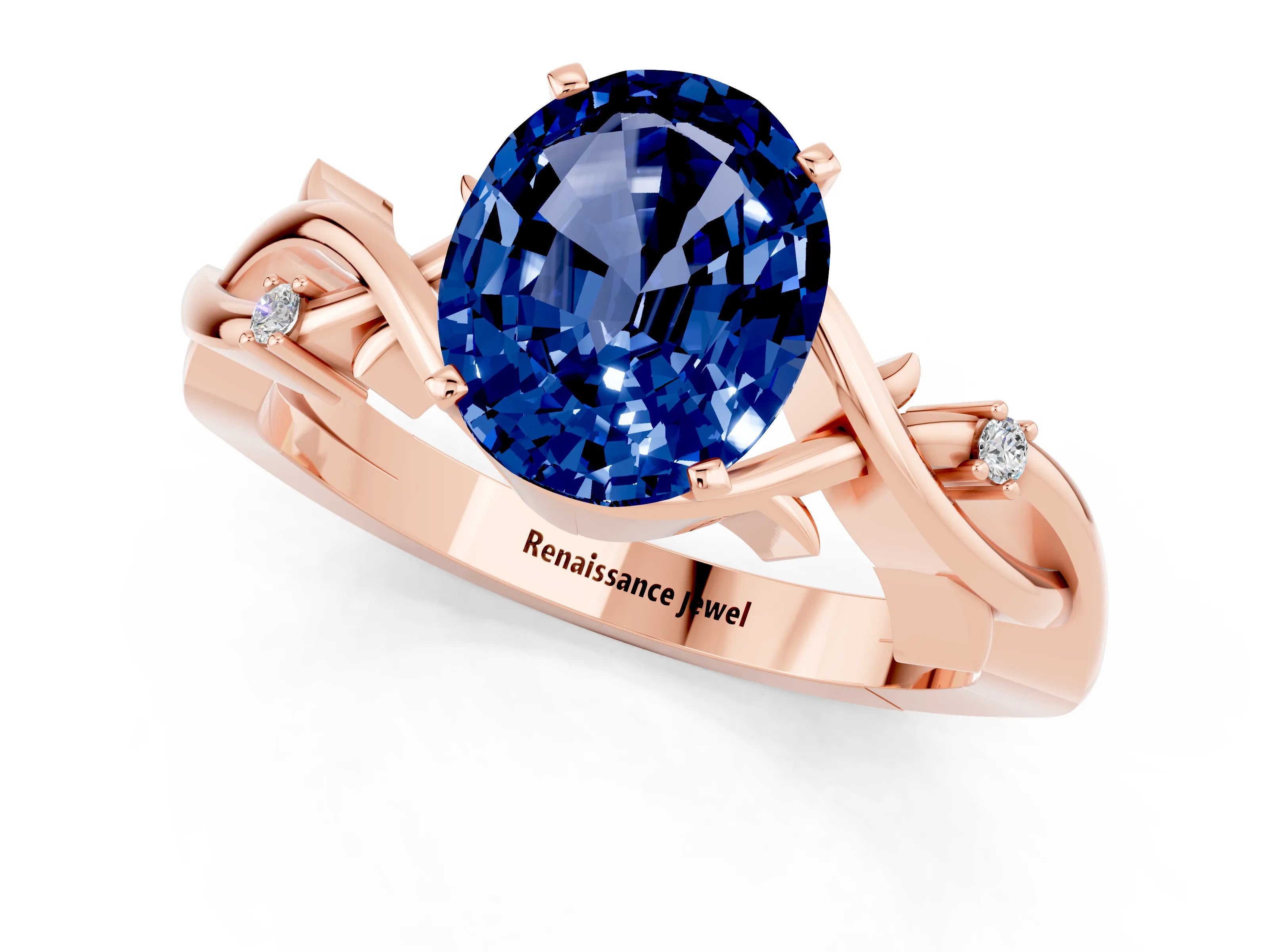 Rose gold Oval Cut Blue Sapphire Solitaire Ring with Twisted Band and Prong Setting_1