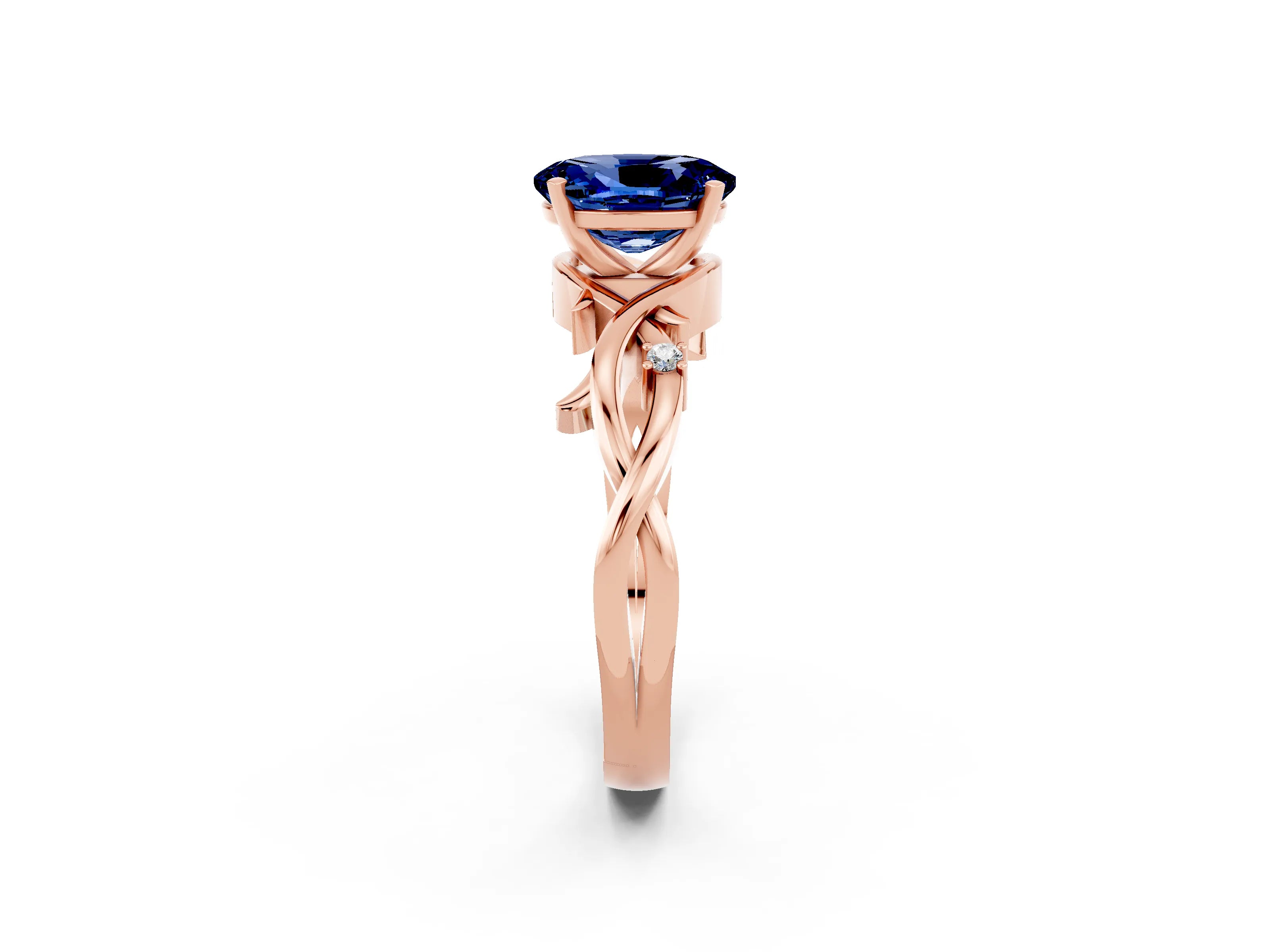 Rose gold Oval Cut Blue Sapphire Solitaire Ring with Twisted Band and Prong Setting_2