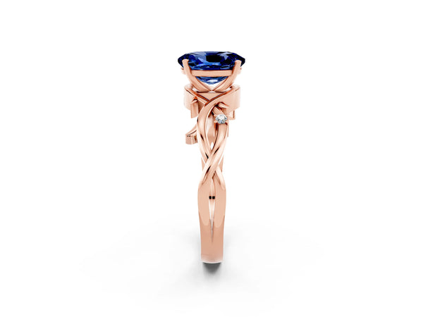 Rose gold Oval Cut Blue Sapphire Solitaire Ring with Twisted Band and Prong Setting
