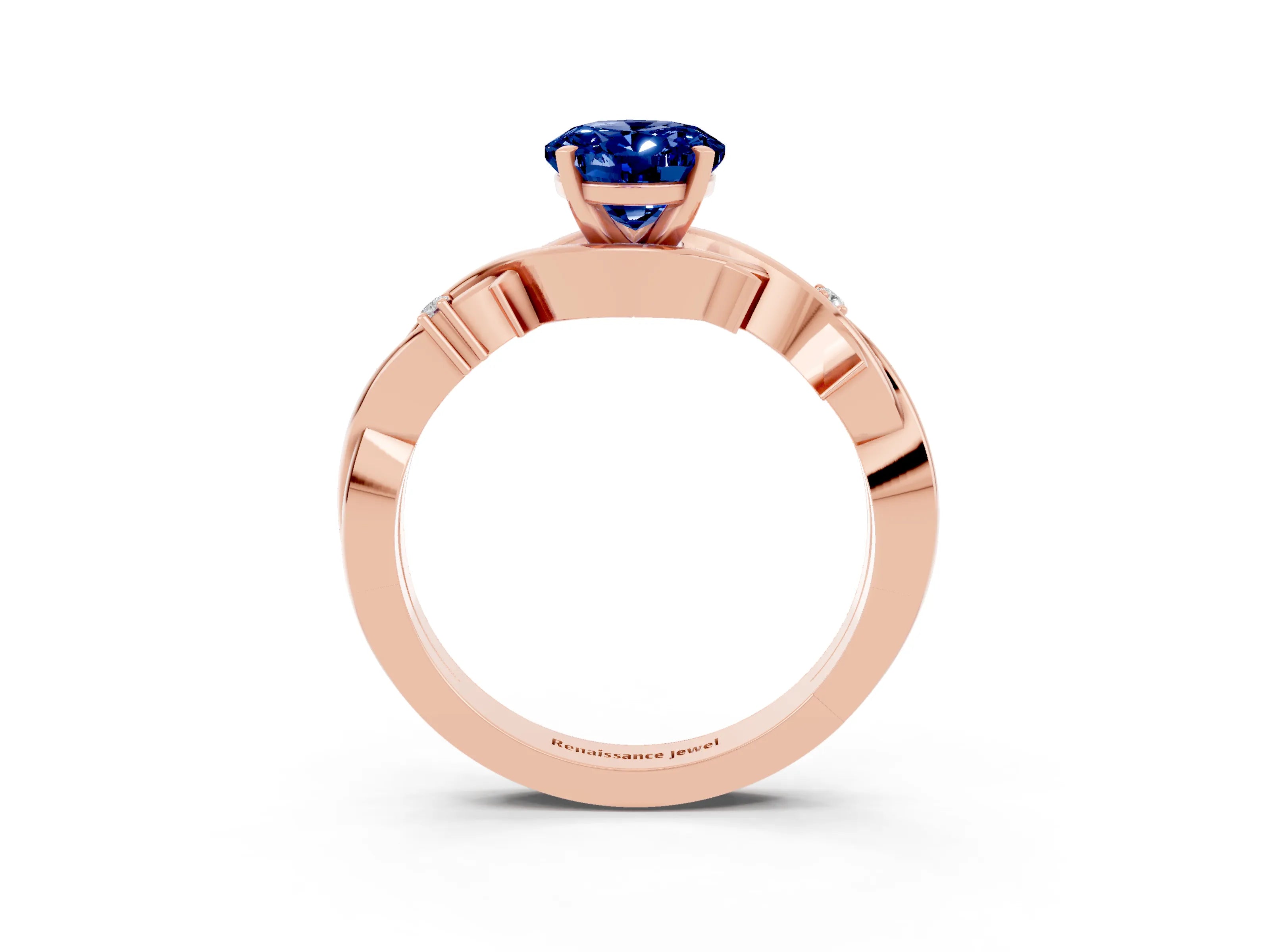 Rose gold Oval Cut Blue Sapphire Solitaire Ring with Twisted Band and Prong Setting_3