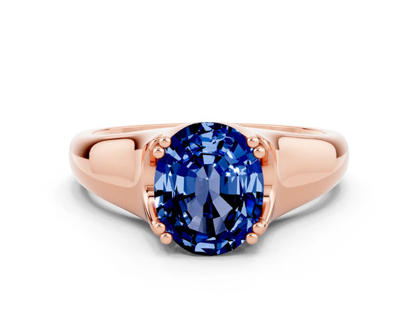 Rose gold Oval Cut Blue Sapphire Solitaire Ring with Wide Band and Prong Setting