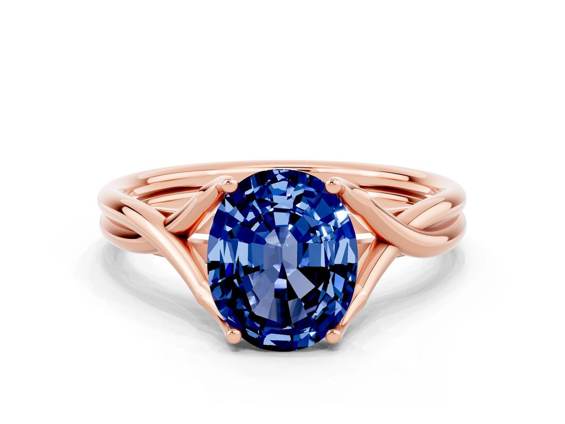 Rose gold Oval Cut Blue Sapphire Solitaire Twist Band Prong Setting Ring_48