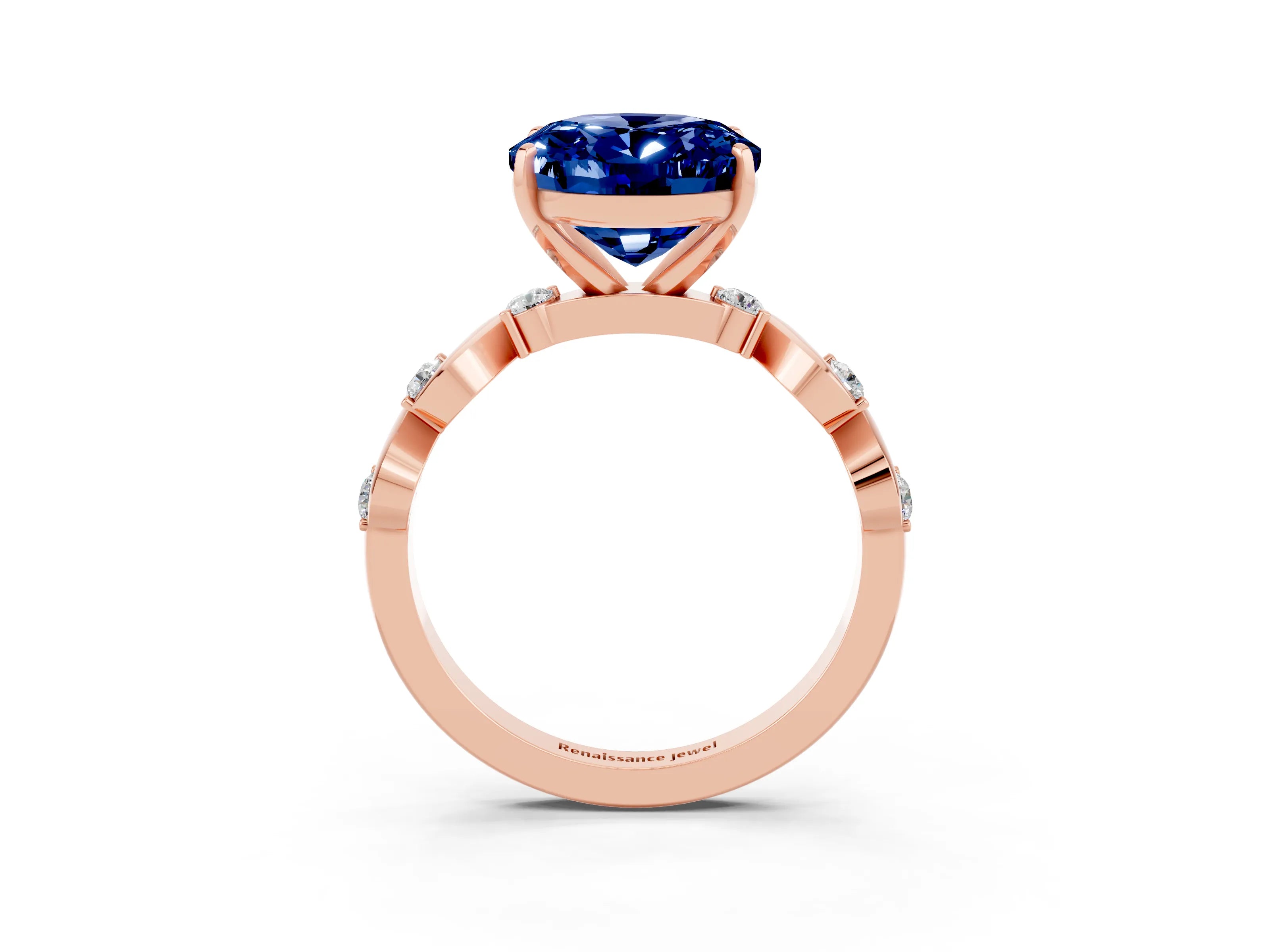 Rose gold Oval Cut Blue Sapphire Solitaire Twisted Band with Round  Accents and Prong Setting_15