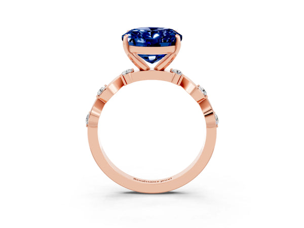 Rose gold Oval Cut Blue Sapphire Solitaire Twisted Band with Round  Accents and Prong Setting