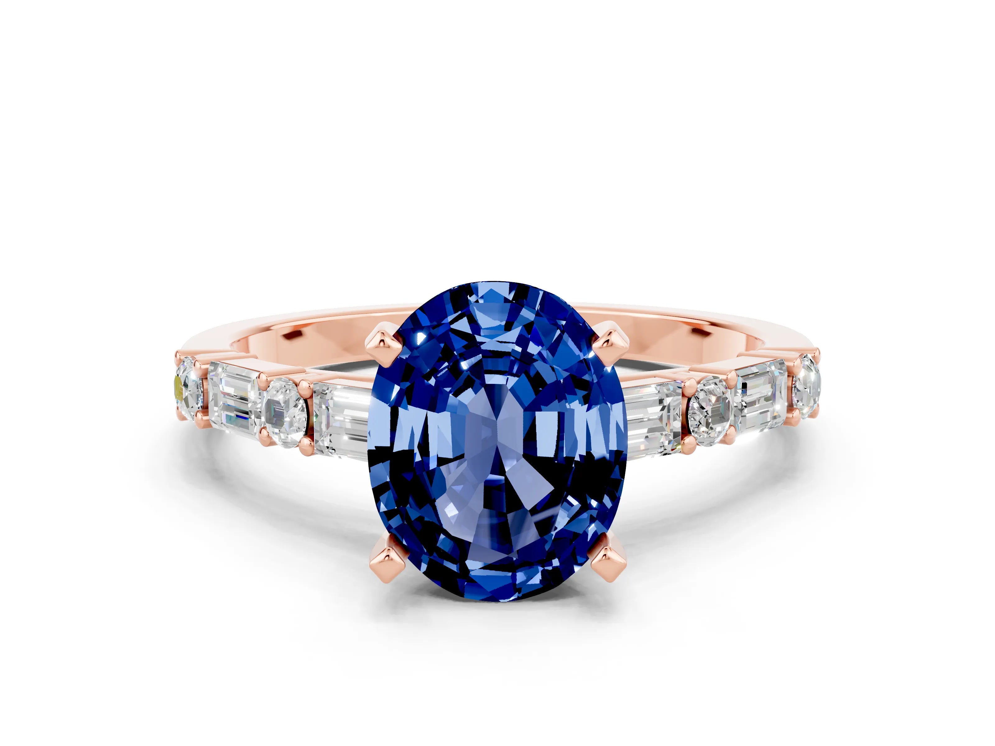Rose gold Oval Cut Blue Sapphire Solitaire with Side Baguettes and Channel Set Band