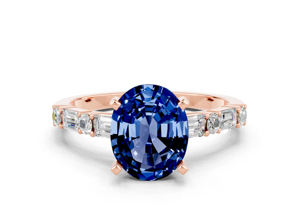 Rose gold Oval Cut Blue Sapphire Solitaire with Side Baguettes and Channel Set Band