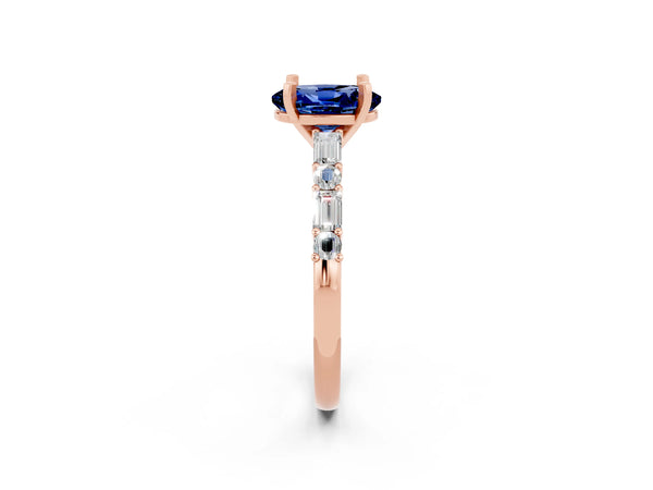 Rose gold Oval Cut Blue Sapphire Solitaire with Side Baguettes and Channel Set Band
