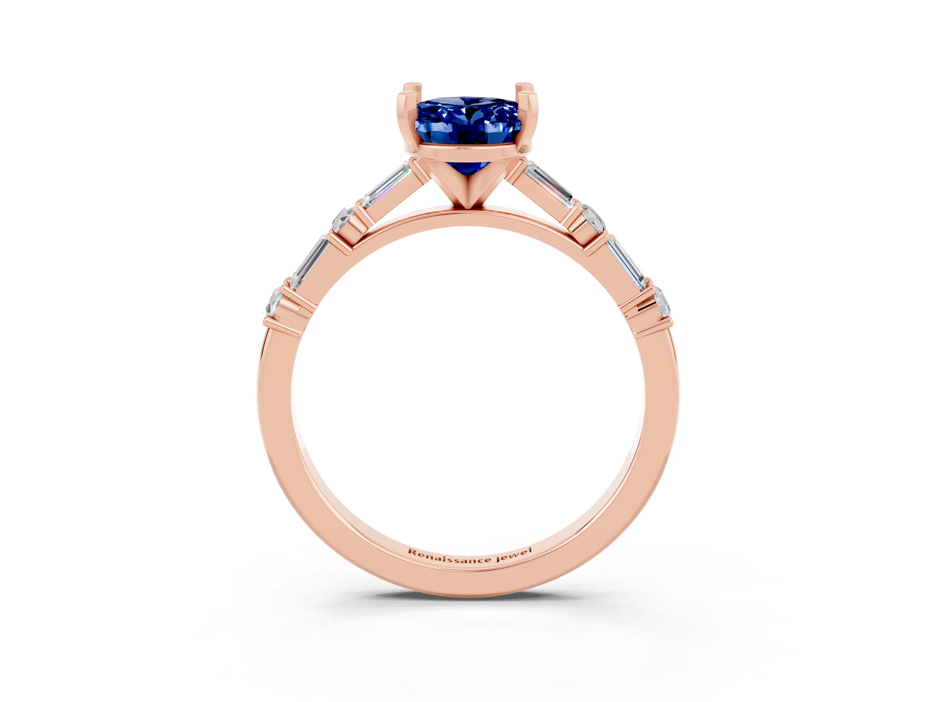 Rose gold Oval Cut Blue Sapphire Solitaire with Side Baguettes and Channel Set Band_3