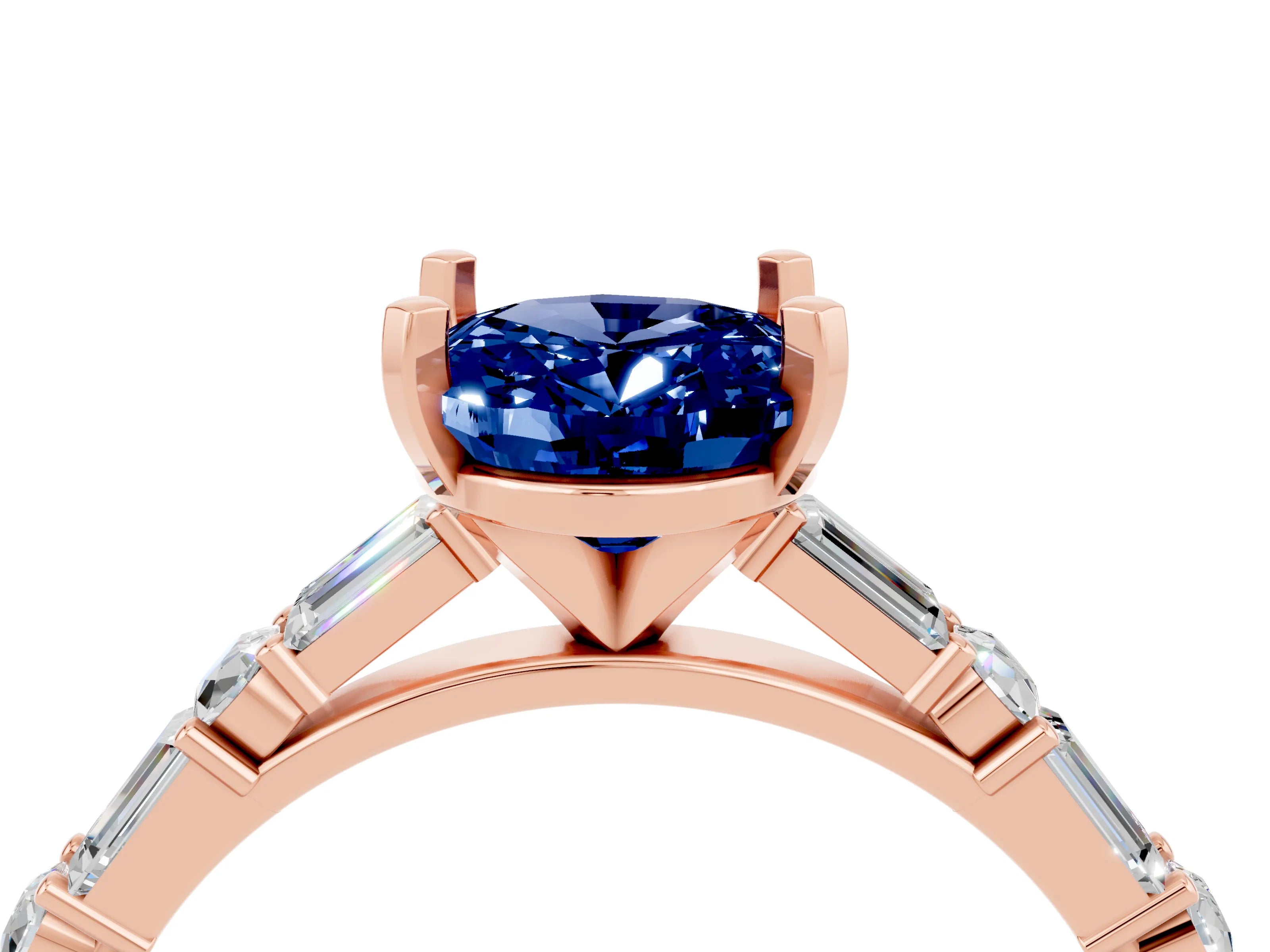 Rose gold Oval Cut Blue Sapphire Solitaire with Side Baguettes and Channel Set Band_4