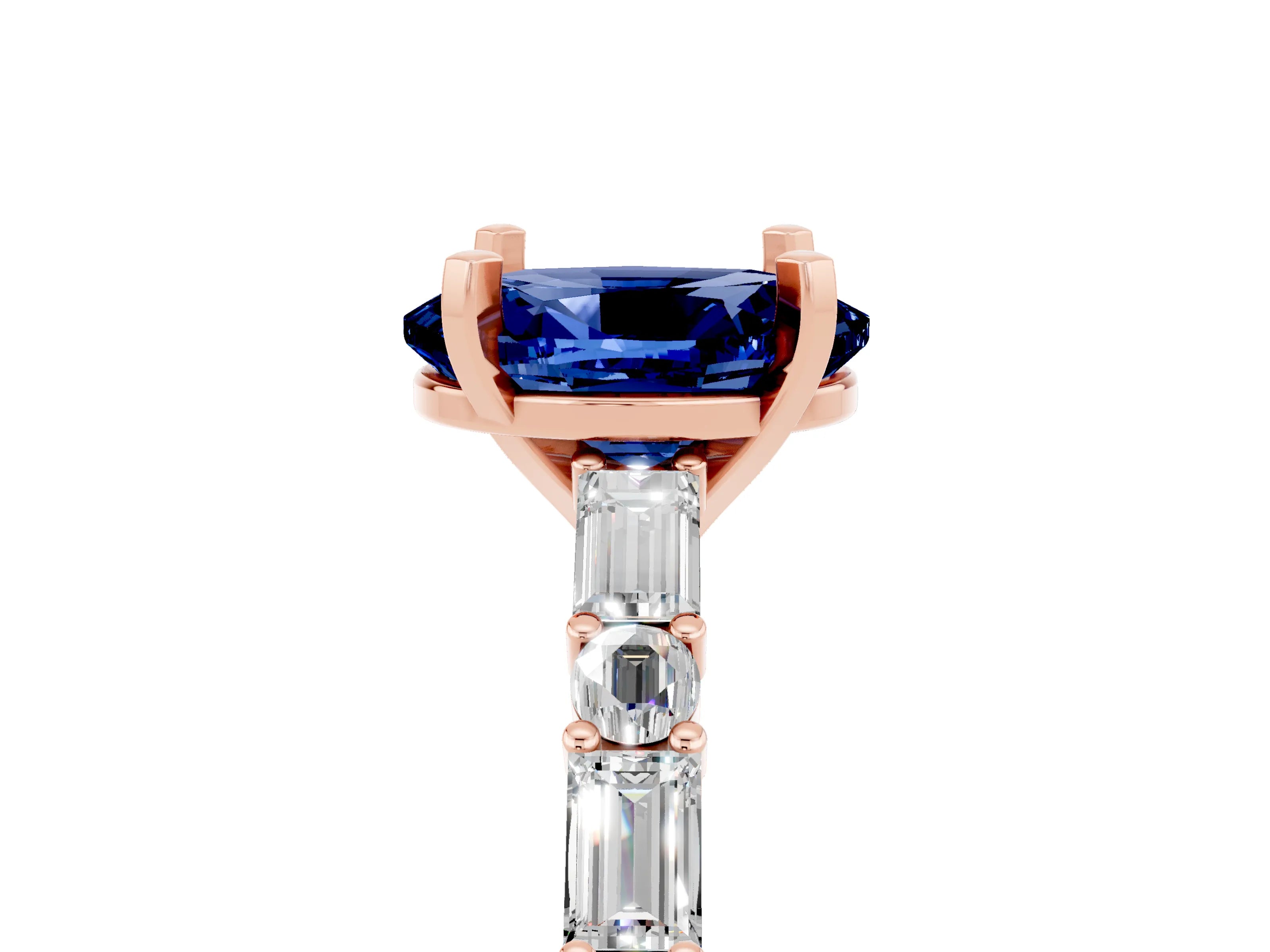 Rose gold Oval Cut Blue Sapphire Solitaire with Side Baguettes and Channel Set Band_5