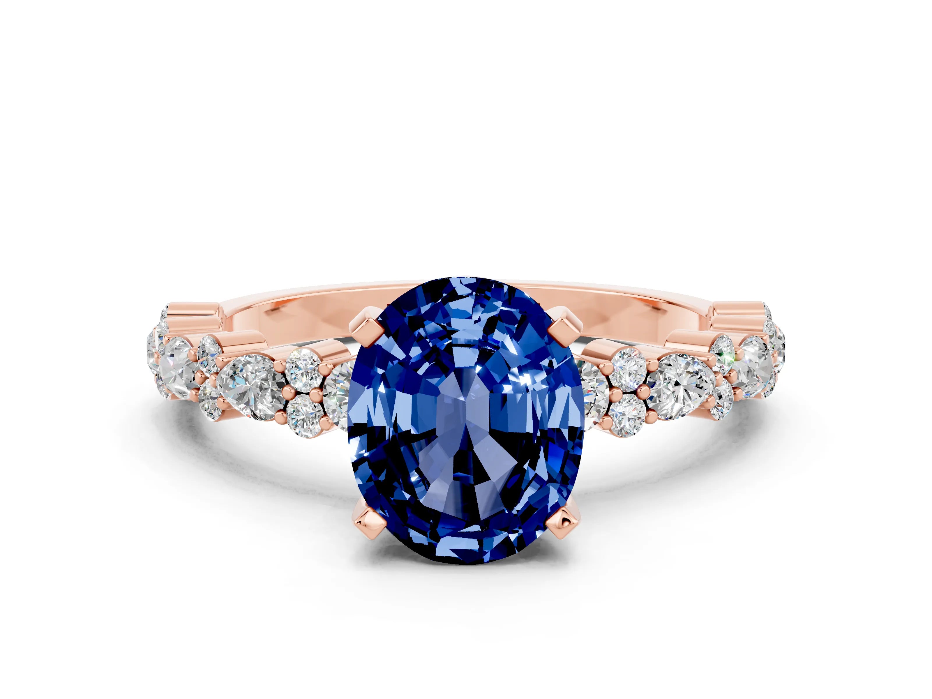 Rose gold Oval Cut Blue Sapphire Solitaire with Side Stones, Pave Band, Four-Prong Setting_24