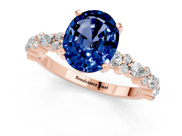 Rose gold Oval Cut Blue Sapphire Side Stone Solitaire Ring with Round  and Four-Prong Setting