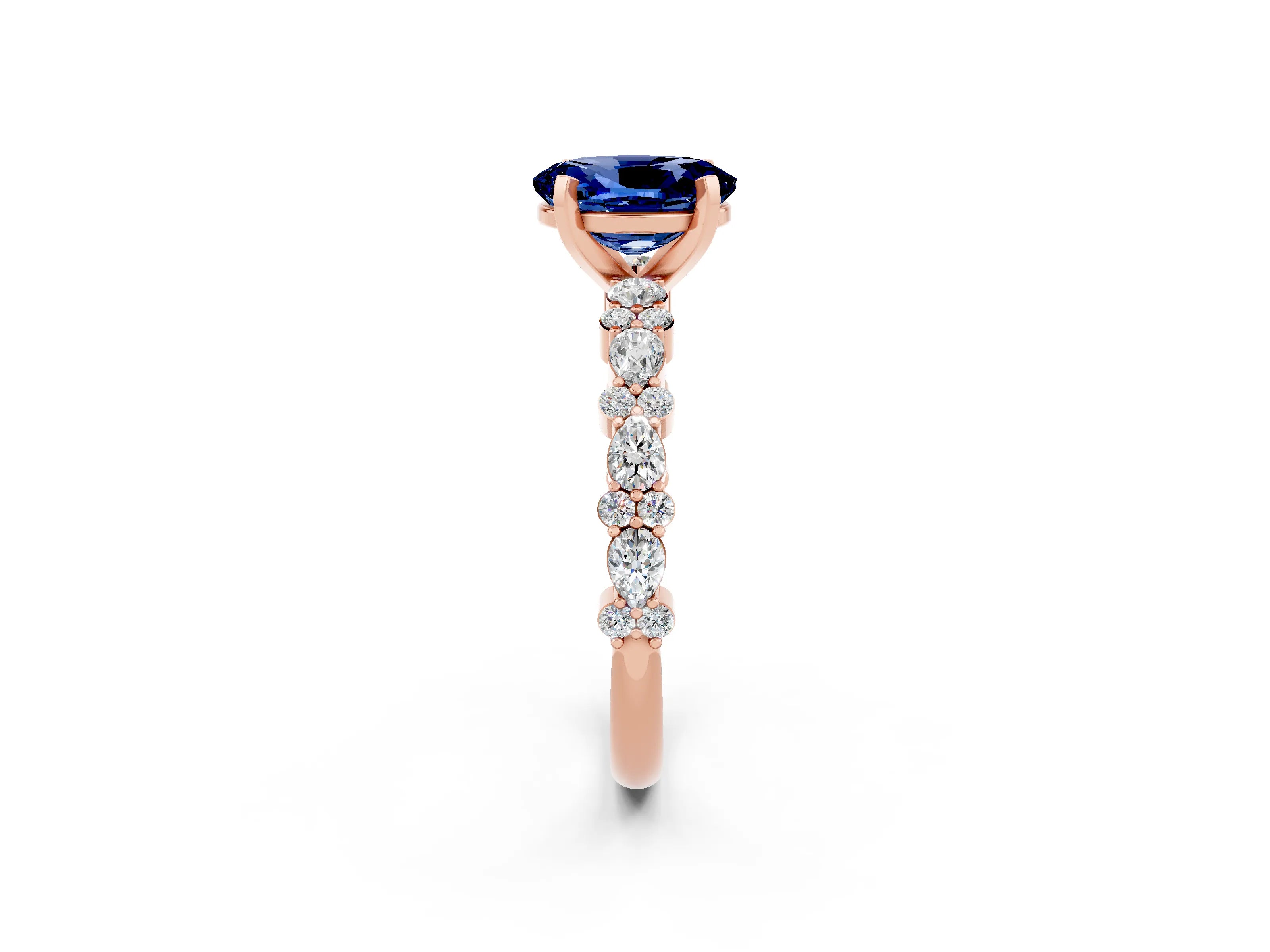 Rose gold Oval Cut Blue Sapphire Solitaire with Side Stones, Pave Band, Four-Prong Setting_26