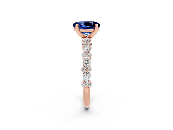 Rose gold Oval Cut Blue Sapphire Side Stone Solitaire Ring with Round  and Four-Prong Setting