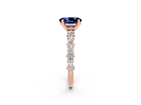 Rose gold Oval Cut Blue Sapphire Solitaire with Side Stones, Pave Band, Four-Prong Setting_26