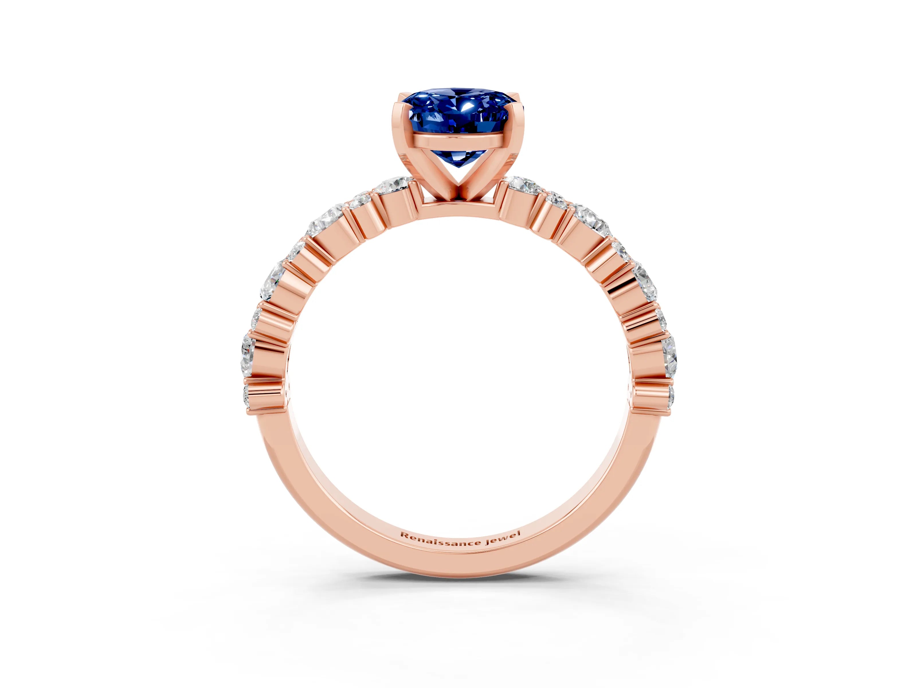 Rose gold Oval Cut Blue Sapphire Solitaire with Side Stones, Pave Band, Four-Prong Setting_27