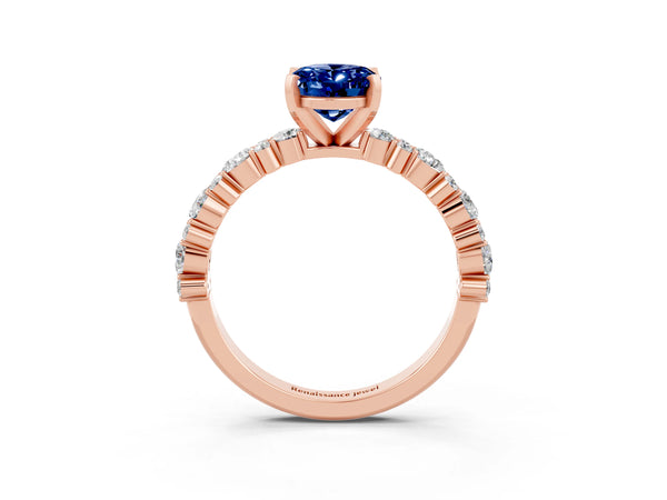 Rose gold Oval Cut Blue Sapphire Side Stone Solitaire Ring with Round  and Four-Prong Setting