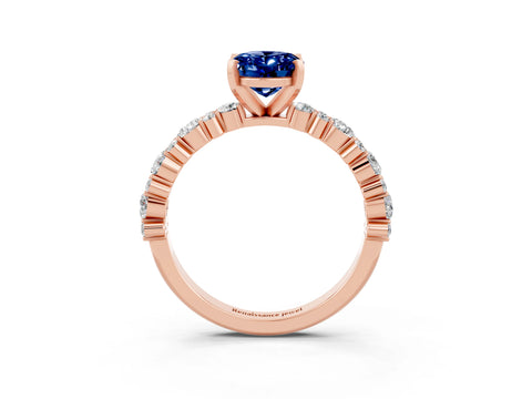Rose gold Oval Cut Blue Sapphire Solitaire with Side Stones, Pave Band, Four-Prong Setting_27