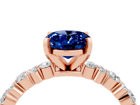 Rose gold Oval Cut Blue Sapphire Solitaire with Side Stones, Pave Band, Four-Prong Setting_28