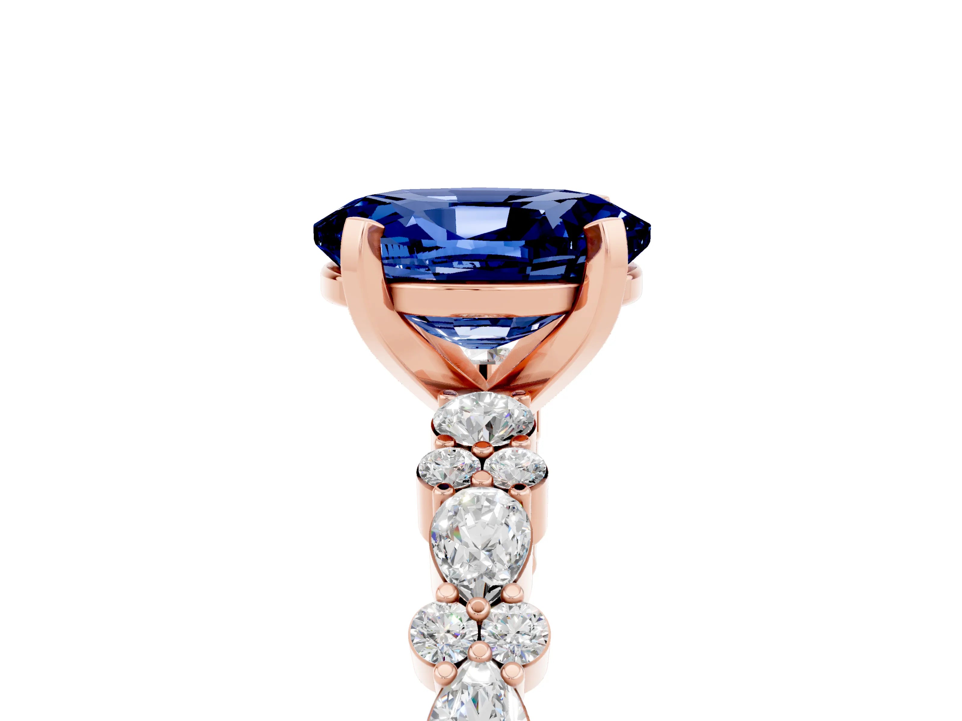 Rose gold Oval Cut Blue Sapphire Solitaire with Side Stones, Pave Band, Four-Prong Setting_29