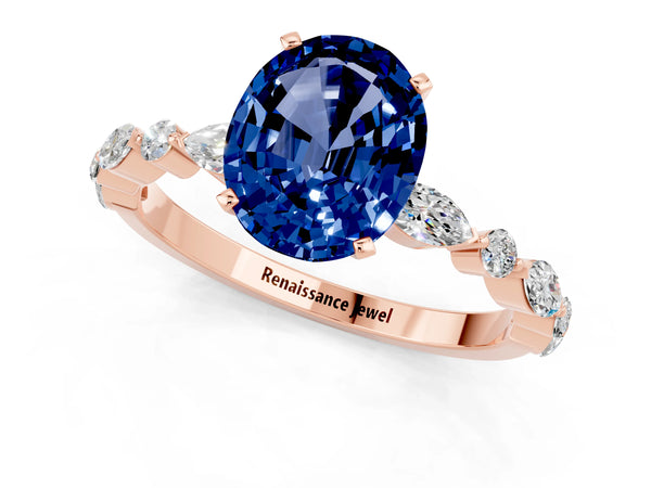 Rose gold Oval Cut Blue Sapphire Ring with Marquise and Round  Side Stones and Four-Prong Setting