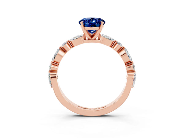 Rose gold Oval Cut Blue Sapphire Ring with Marquise and Round  Side Stones and Four-Prong Setting