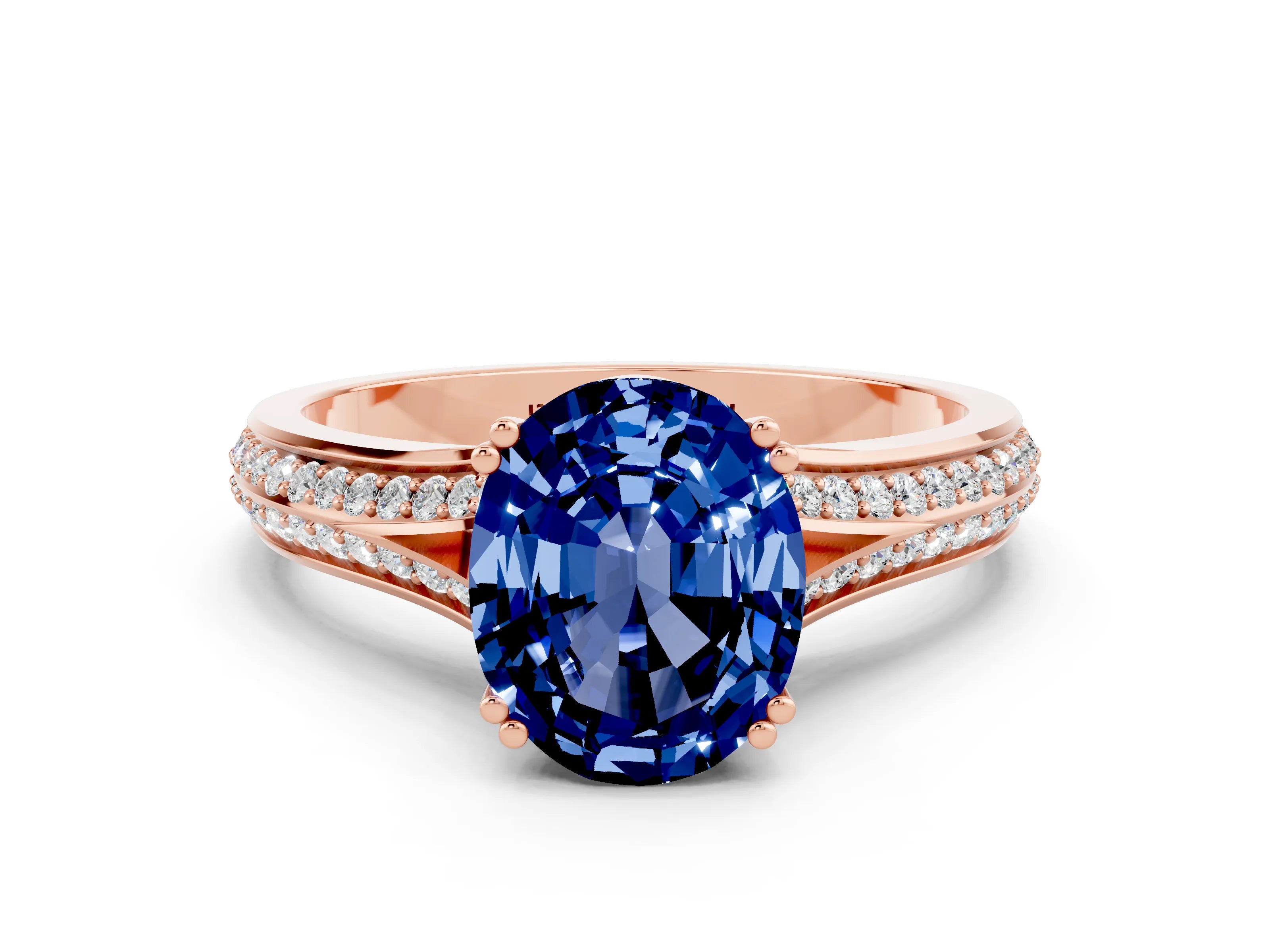 Rose gold Oval Cut Blue Sapphire Split Shank Engagement Ring with Pavé Band