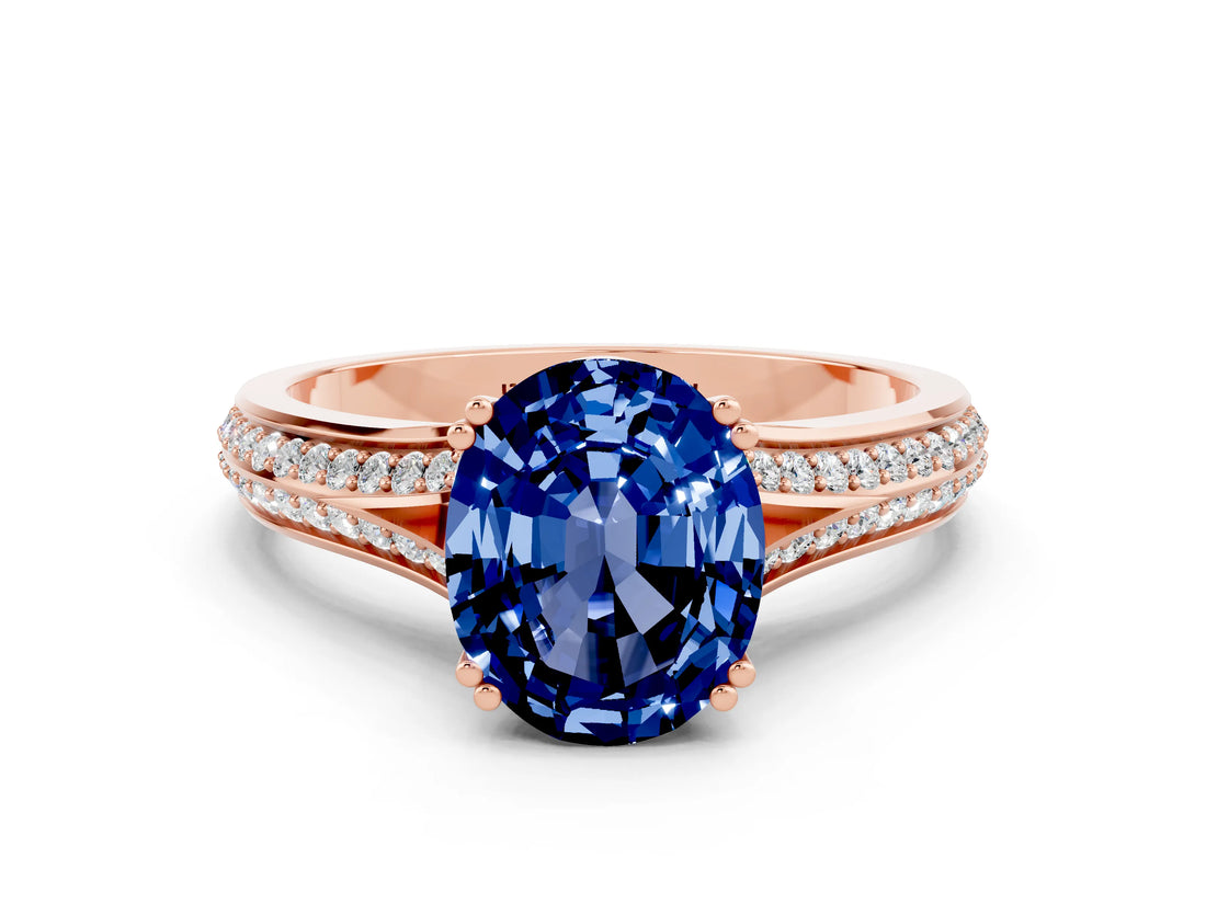Rose gold Oval Cut Blue Sapphire Split Shank Engagement Ring with Pavé Band