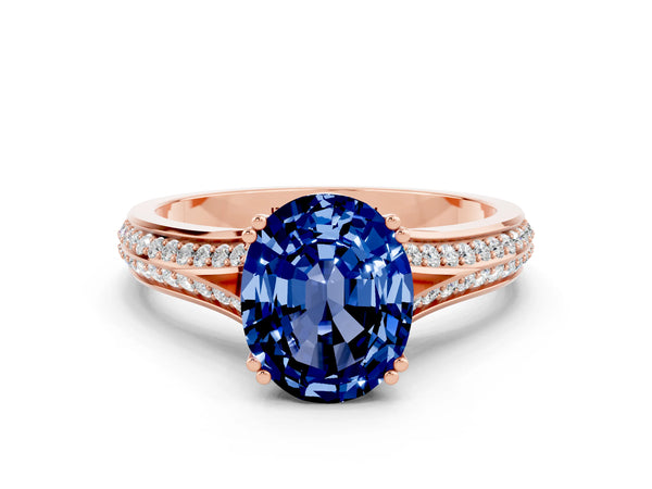 Rose gold Oval Cut Blue Sapphire Split Shank Engagement Ring with Pavé Band