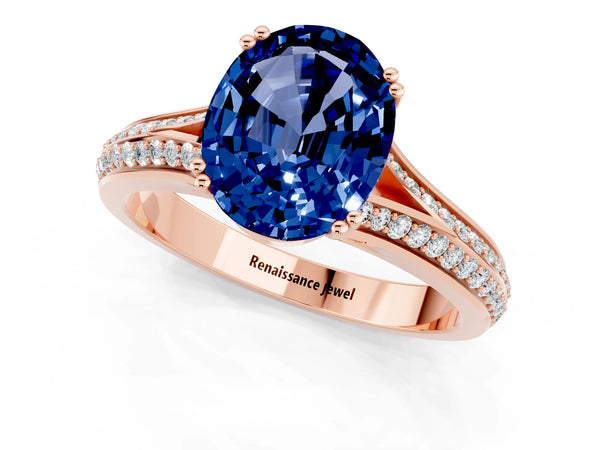 Rose gold Oval Cut Blue Sapphire Split Shank Engagement Ring with Pavé Band