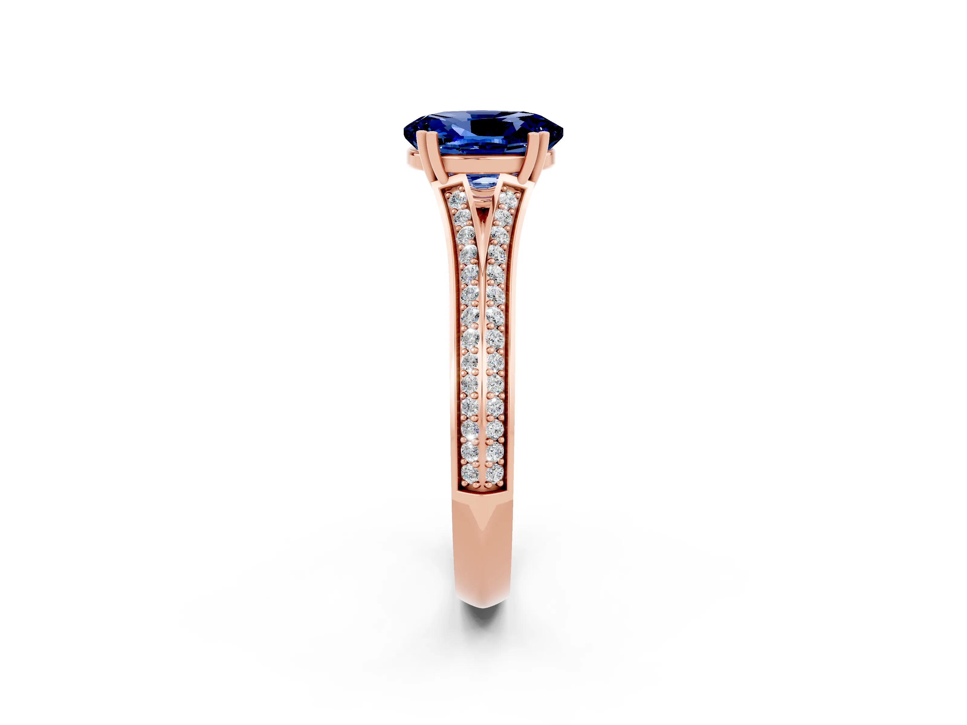 Rose gold Oval Cut Blue Sapphire Split Shank Engagement Ring with Pavé Band_2