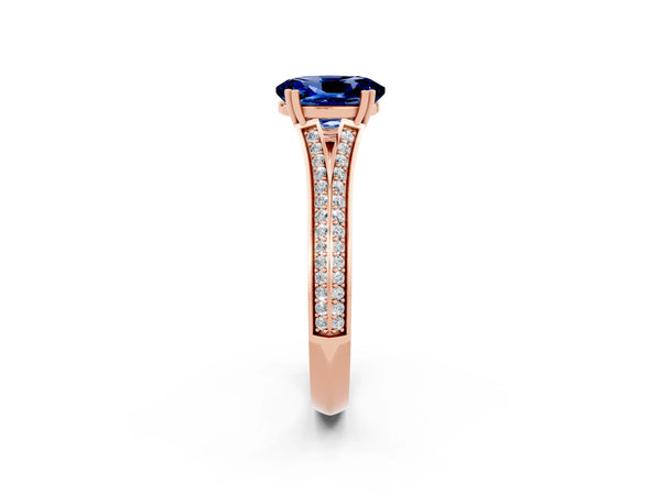 Rose gold Oval Cut Blue Sapphire Split Shank Engagement Ring with Pavé Band