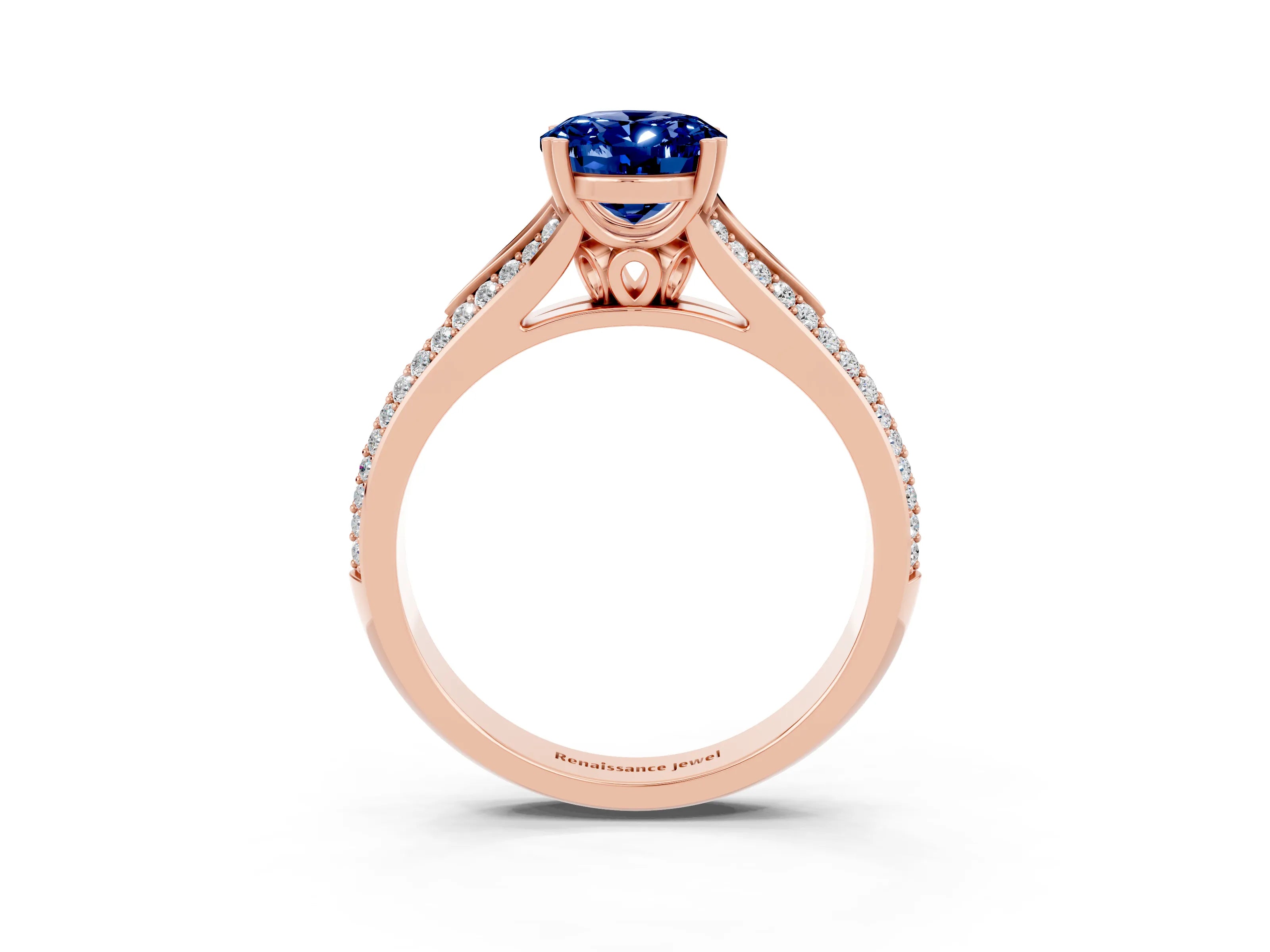 Rose gold Oval Cut Blue Sapphire Split Shank Engagement Ring with Pavé Band_3