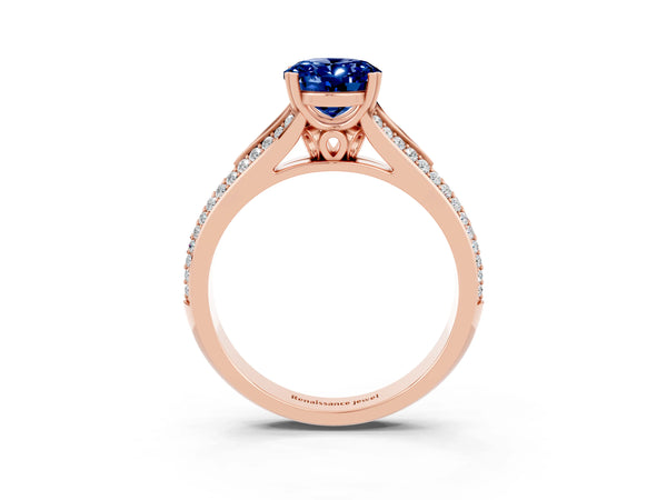 Rose gold Oval Cut Blue Sapphire Split Shank Engagement Ring with Pavé Band
