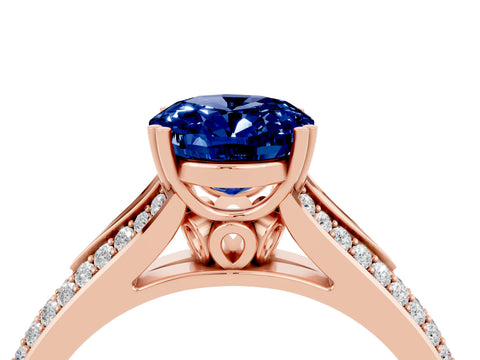 Rose gold Oval Cut Blue Sapphire Split Shank Engagement Ring with Pavé Band_4