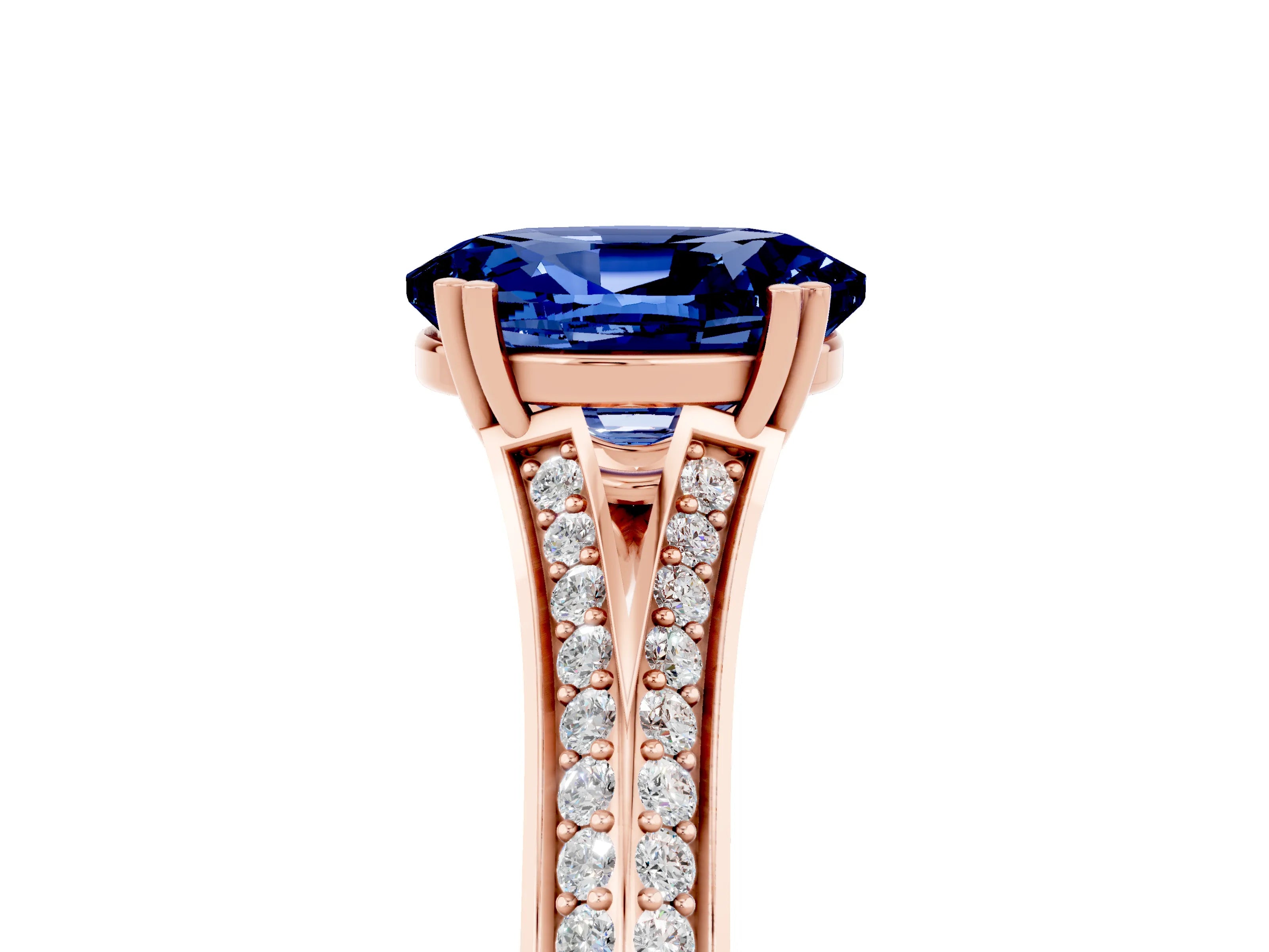 Rose gold Oval Cut Blue Sapphire Split Shank Engagement Ring with Pavé Band_5