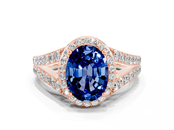Rose gold Oval Cut Blue Sapphire Split Shank Halo Ring with Four-Prong Setting